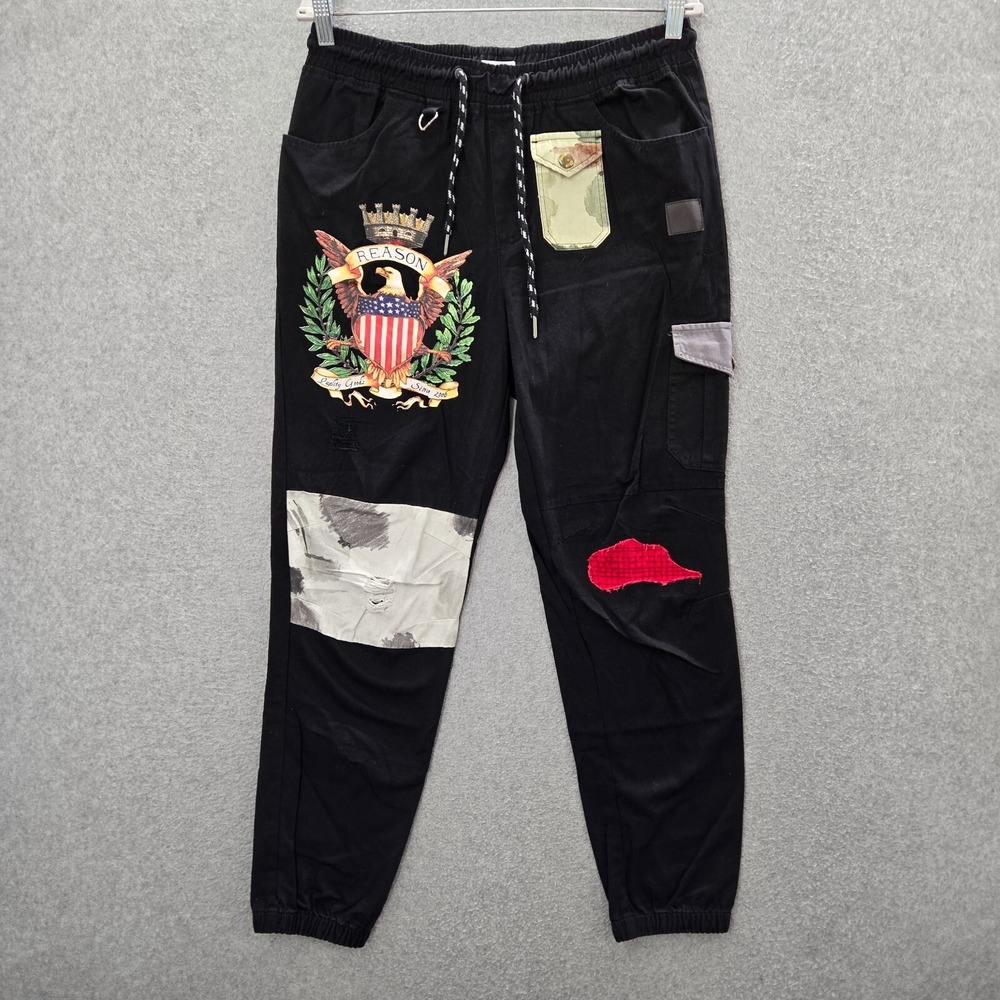 Reason Men Pants Large Black Jogger American Flag‎ USA Eagle Drawstring NWT
